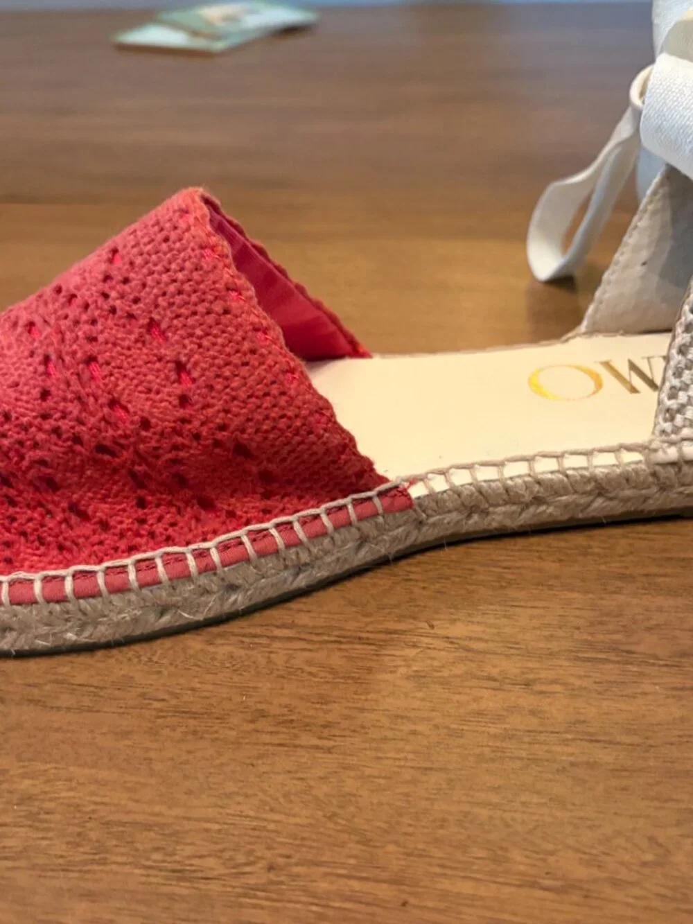 NWOT Gaimo-Made in Spain-Coral Red Crochet Ankle Tie Flat Espadrilles. 6.5/7